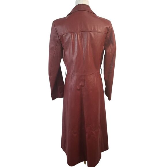 Vintage Size 10 (Runs Small) Red Leather Midi Coat Button Down Lined No Belt - Picture 6 of 16